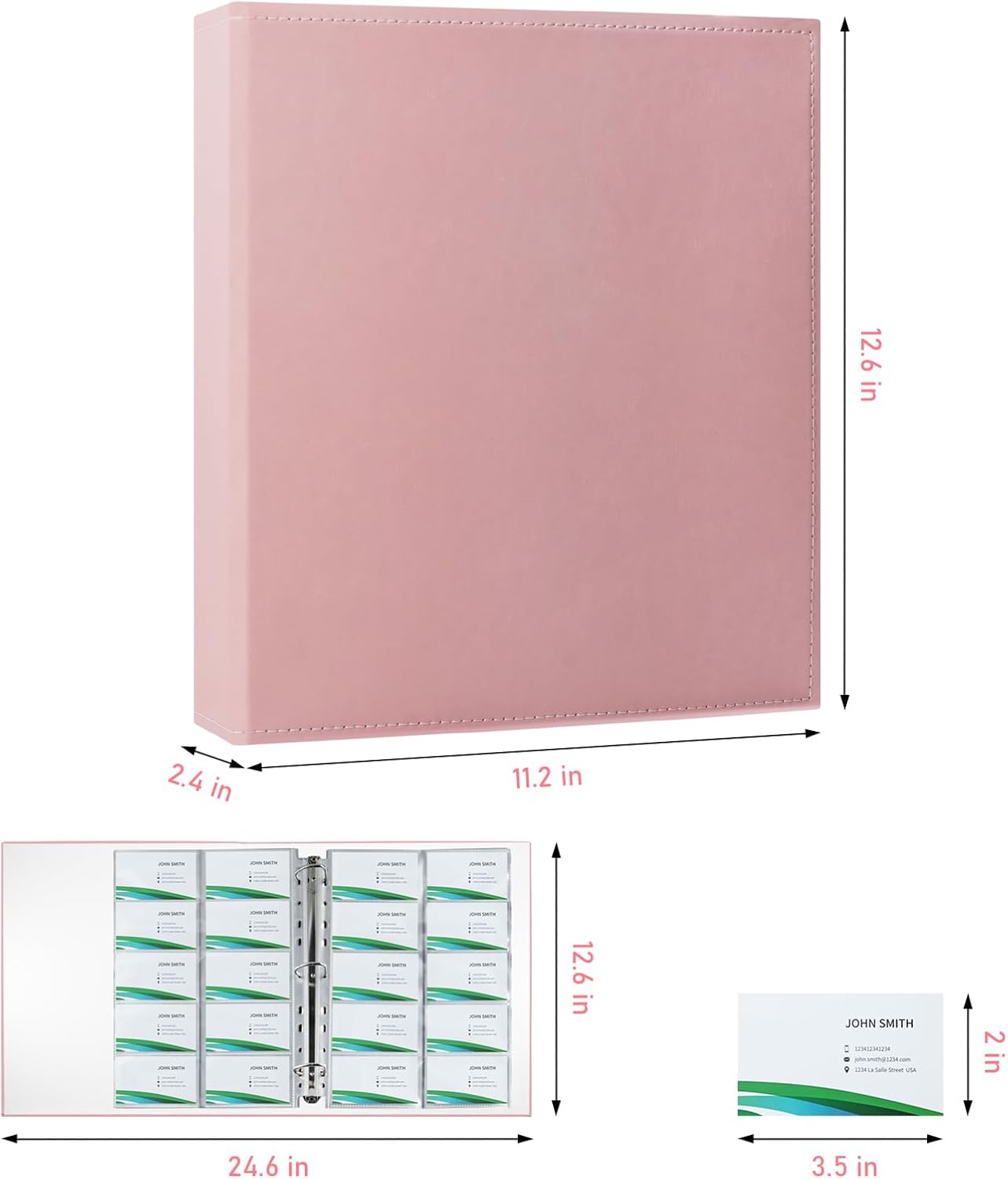 BYSTER A4 Business Card Organizer, PU Leather Card Binder with 30 Pack Sleeves (600 Pockets), Business Card Holder Book for Credit Cards, Membership Cards, and More - Pink