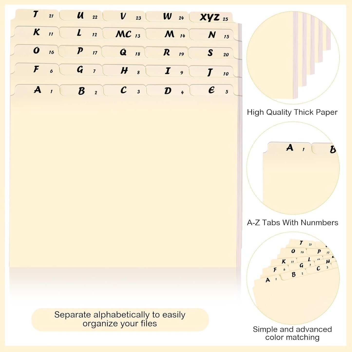 2 Set 50 Pcs Alphabet File Dividers Top Tab File Guides Set, Heavyweight A-z Letter Size Filing Cabinet Dividers 1/5 Cut Tab Desk Organizer for Work School Office