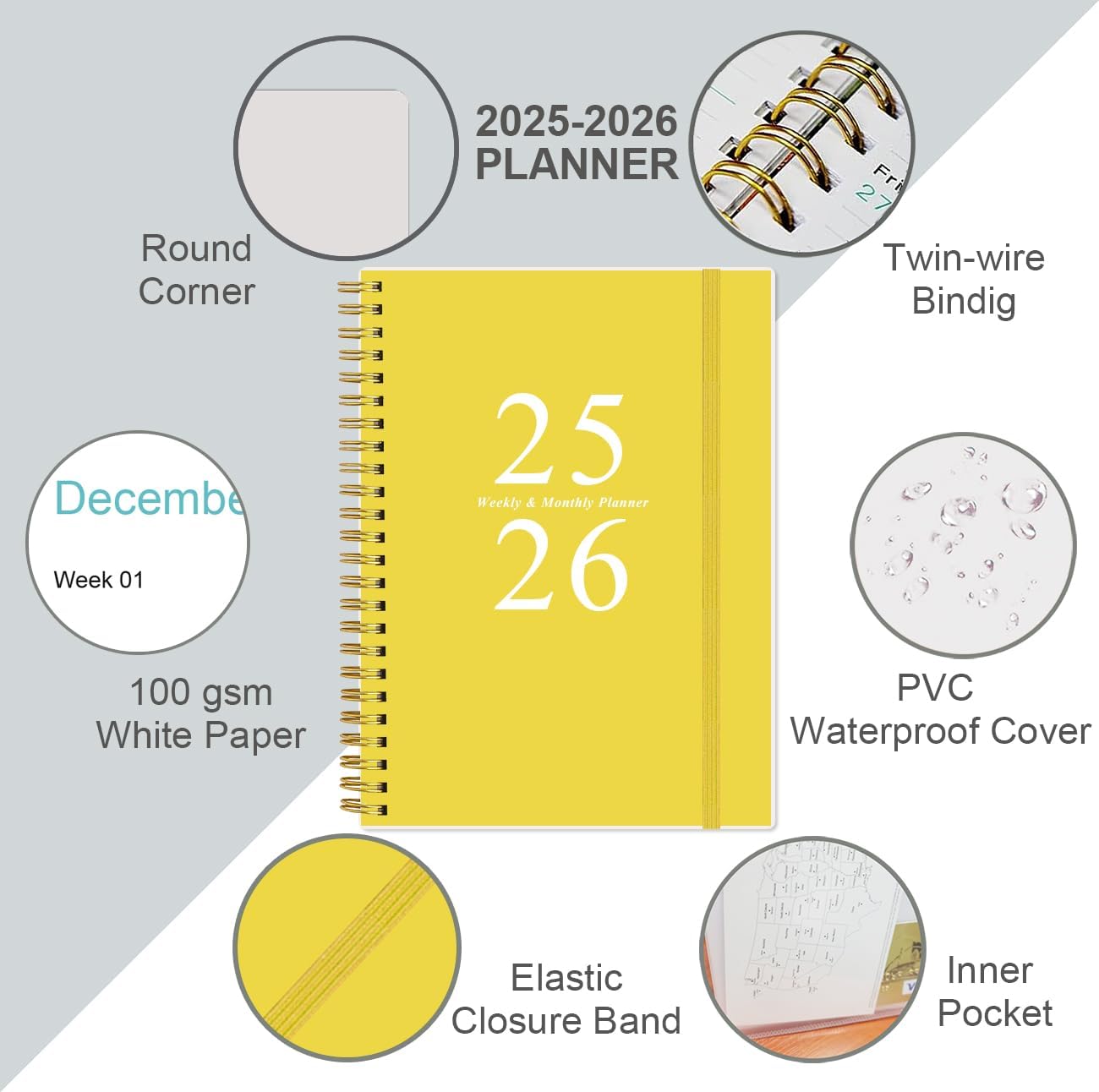 Planner 2025-2026 - A5 Weekly & Monthly Planner Spiral Bound, July 2025 - June 2026, Academic Planner 2025-2026 with Flexible Cover, Tabs, Inner Pocket, 6.4" x 8.5", Yellow