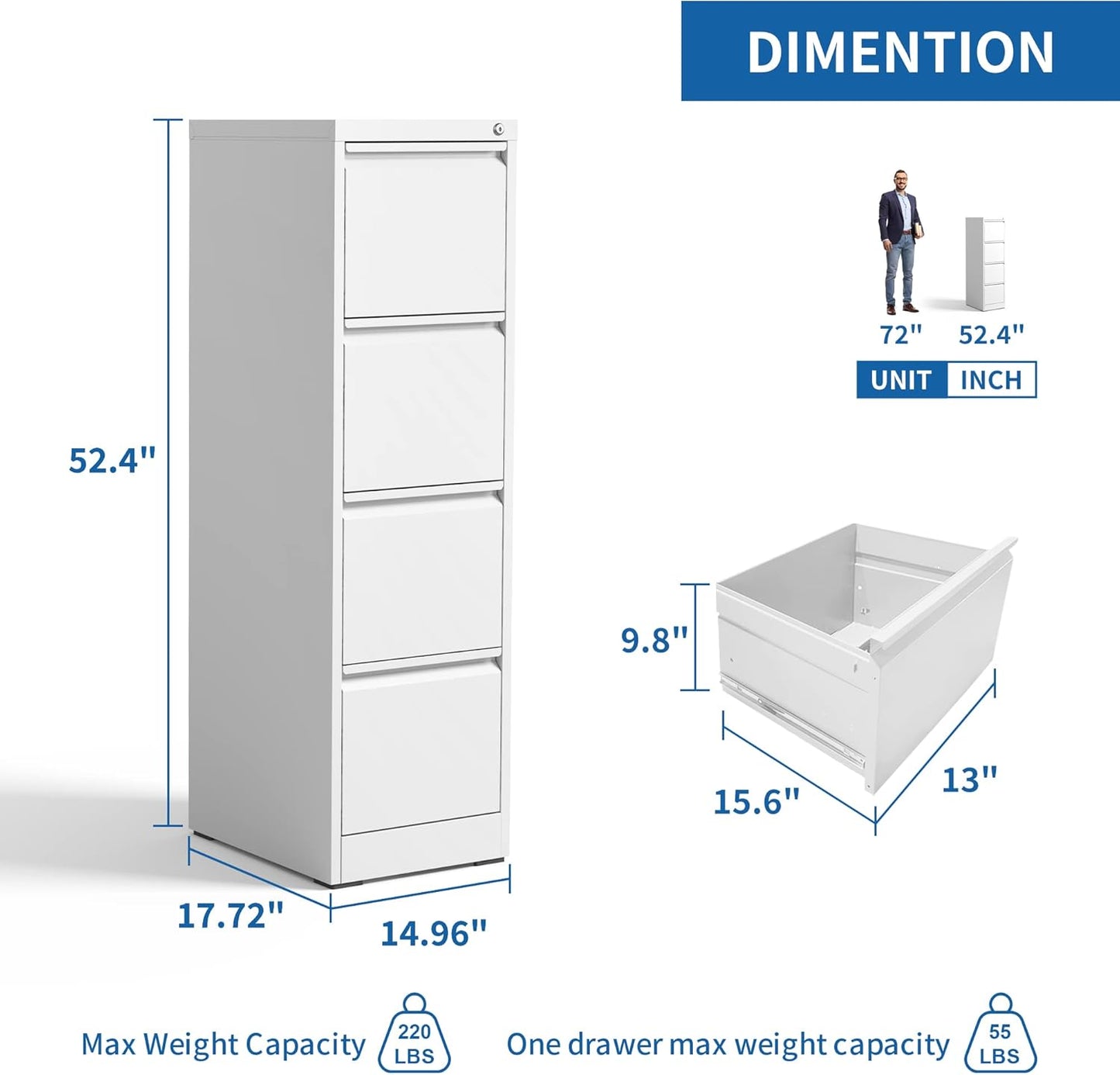 4 Drawer File Cabinet with Lock, Vertical Filing Cabinets for Home Office, Locking File Cabinet Hanging Files for A4/ Legal/Letter, Require Assembly, White
