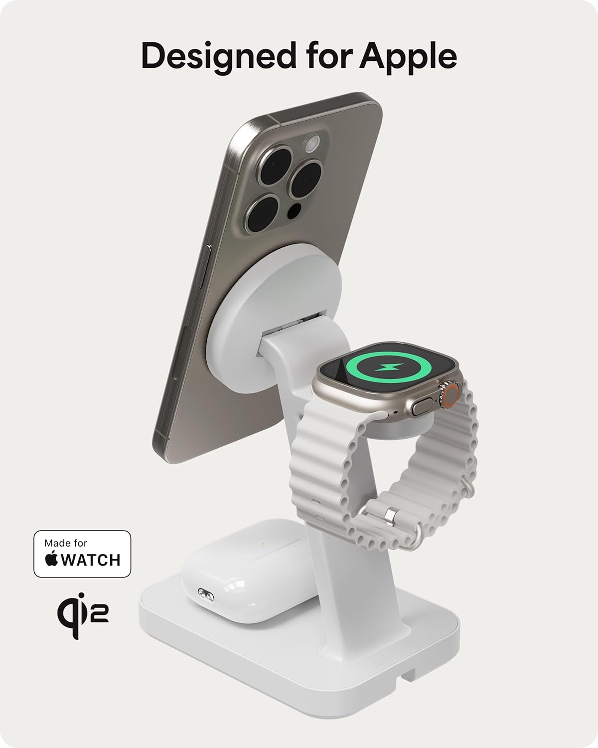 Mophie Snap+ 3-in-1 Wireless Charging Stand - MagSafe & Qi2 Certified, Compatible w/iPhone 17/16/15/14/13/12, Apple Watch, AirPods - Multi-Device Magnetic Charging Station, Eco-Friendly Design, White