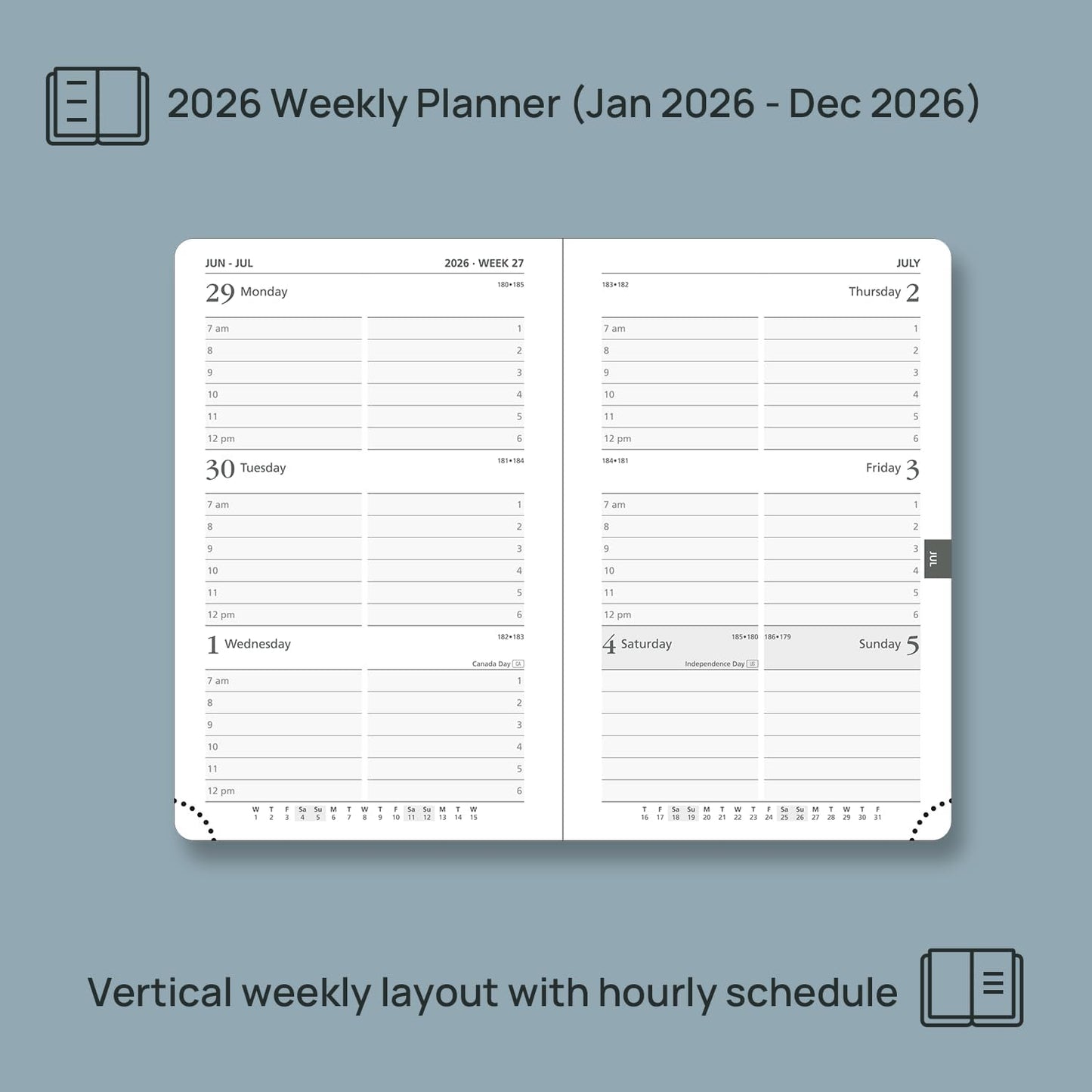 POPRUN 2026 Planner (Pocket Size 4''x 6.25'' Hardcover) - Small Calendar for Purse with Hourly Schedule & Vertical Weekly Layout, Monthly Calendars, 100 GSM - Pacific Green