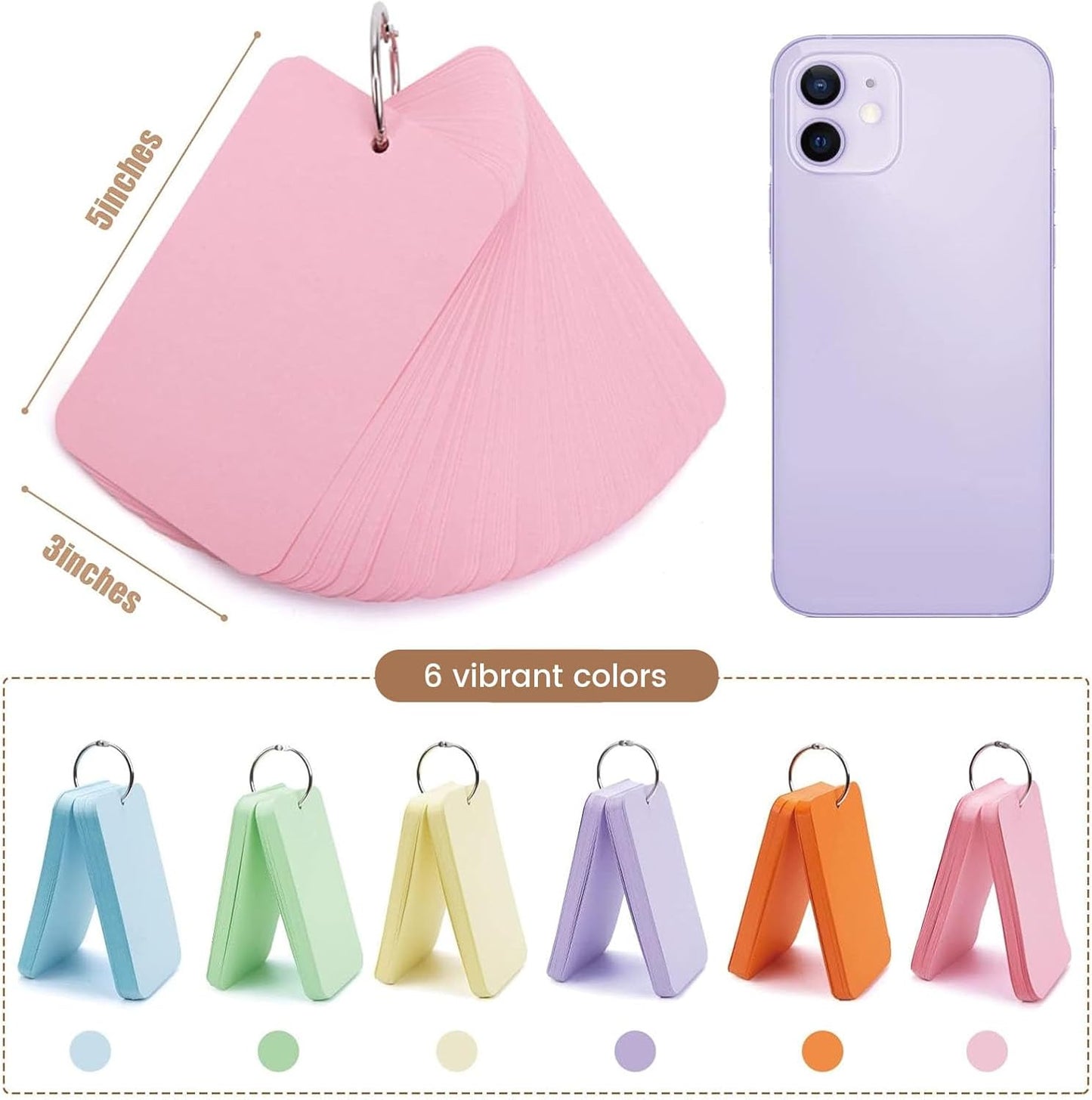 Koogel Index Cards 3x5, 480PCS, Colored Index Cards with Ring for Back to School, Heavyweight Notecard Flashcard for Studying Learning College Memory Recipe Game Teacher Classroom Supplies, 6 Colors