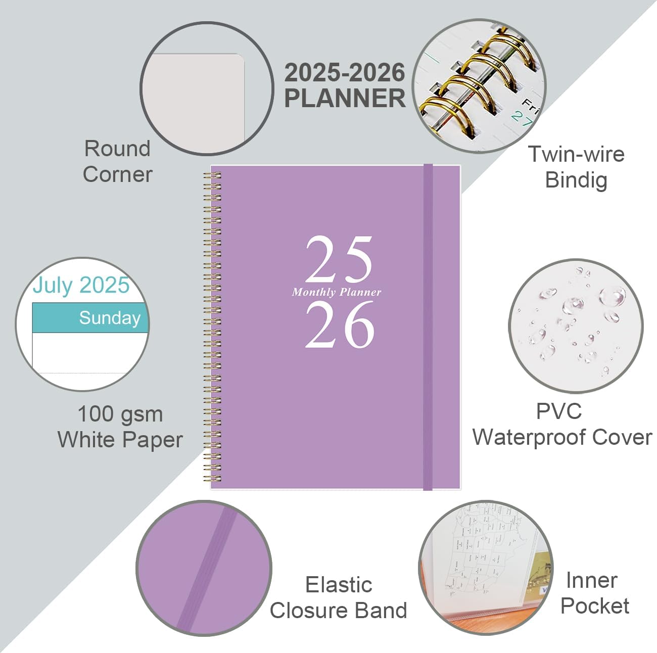 2025-2026 Monthly Planner - 18 Monthly Calendar, July 2025 - December 2026, Two Pages Per Month, 9" x11" Planner with Tabs, Inner Pocket, Purple