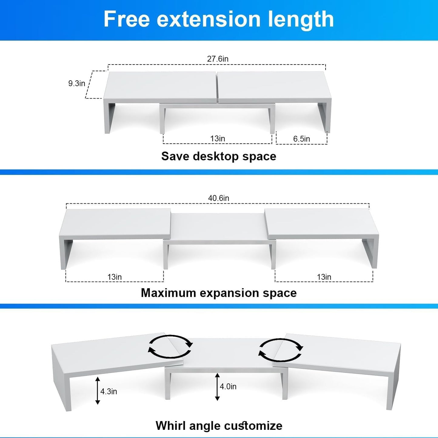 Dual Monitor Stand for Desk, Metal Computer Stand, Desk Shelf Riser,Desktop Organizer for Home and Office Use (White)