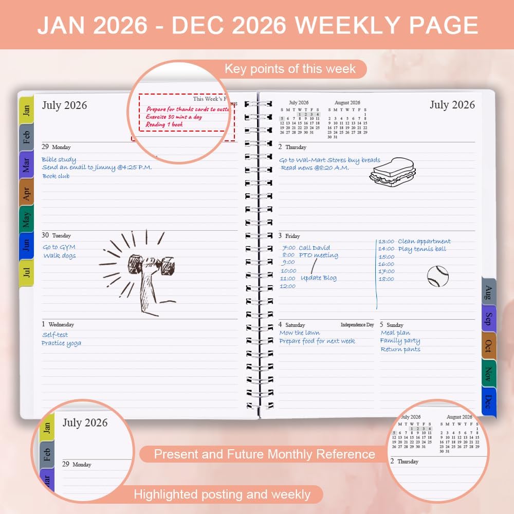2026 Planner - Weekly & Monthly Planner Runs January 2026 to December 2026, 6.25" x 8.25", 12 Monthly Tabs, 14 Notes Pages, Inner Pocket, Flexible Cover with Twin-Wire Binding, Planners 2026