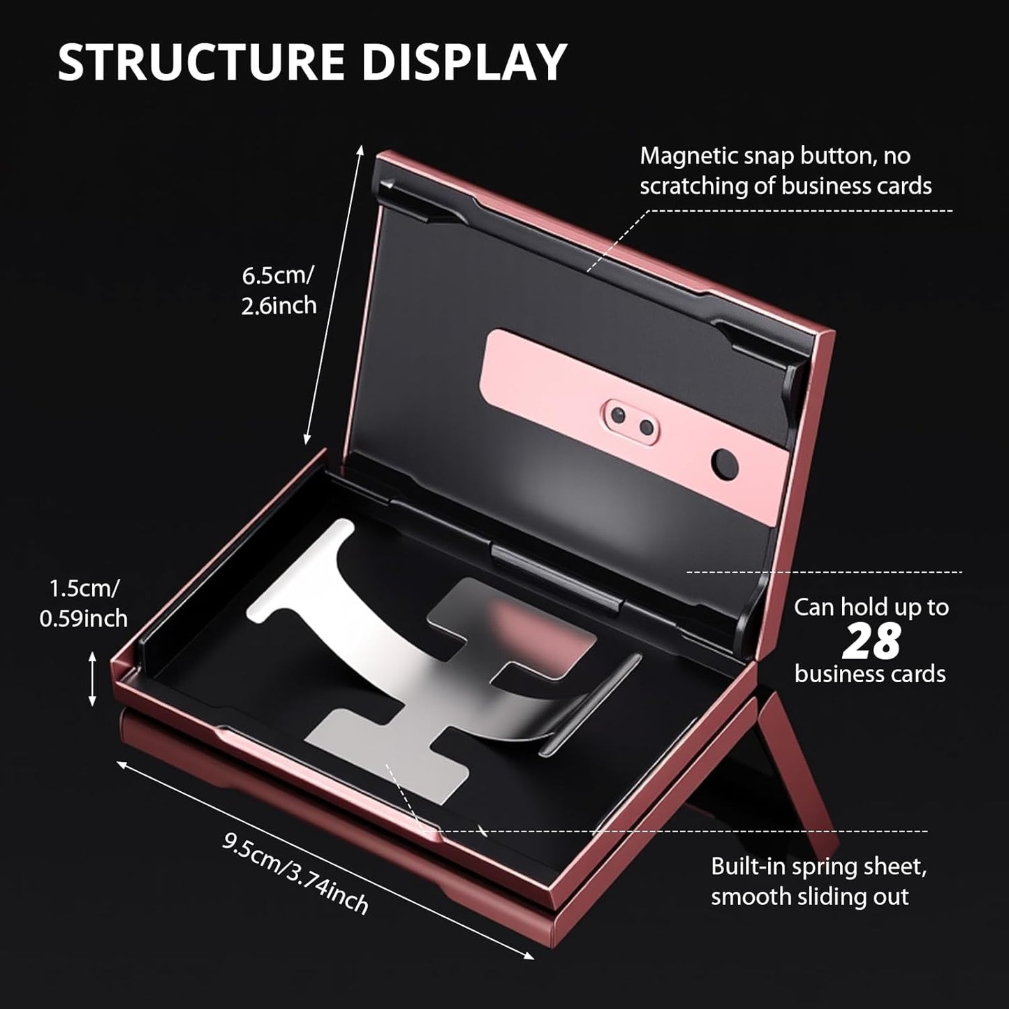 Zonon Large Thumb Drive Business Card Holder Fit 28 Name Credit Aluminum Alloy Slide out Name Card Case Portable Business Holder Wallet Pocket for Men Women(Rose Gold)