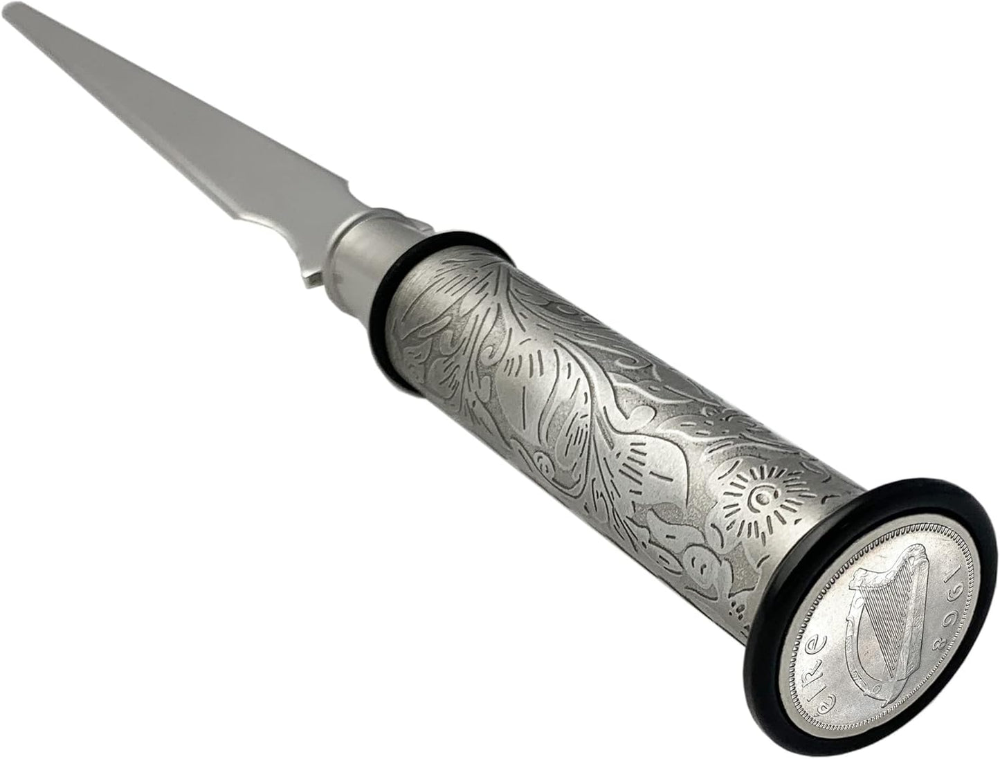 American Coin Treasures Coin Letter Opener Irish Threepence- Antiqued Silvertone Brass Handle-Genuine Harp Coin Ireland