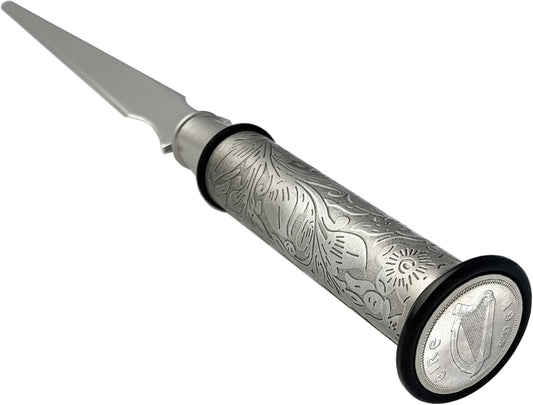 American Coin Treasures Coin Letter Opener Irish Threepence- Antiqued Silvertone Brass Handle-Genuine Harp Coin Ireland
