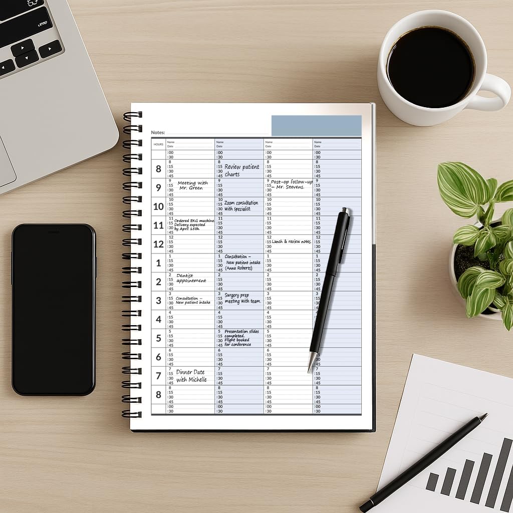 Business Appointment Book with 15-Minute Slots, Undated 2-Year Planner, Large Hardcover, Multiple Schedules, Daily/Hourly