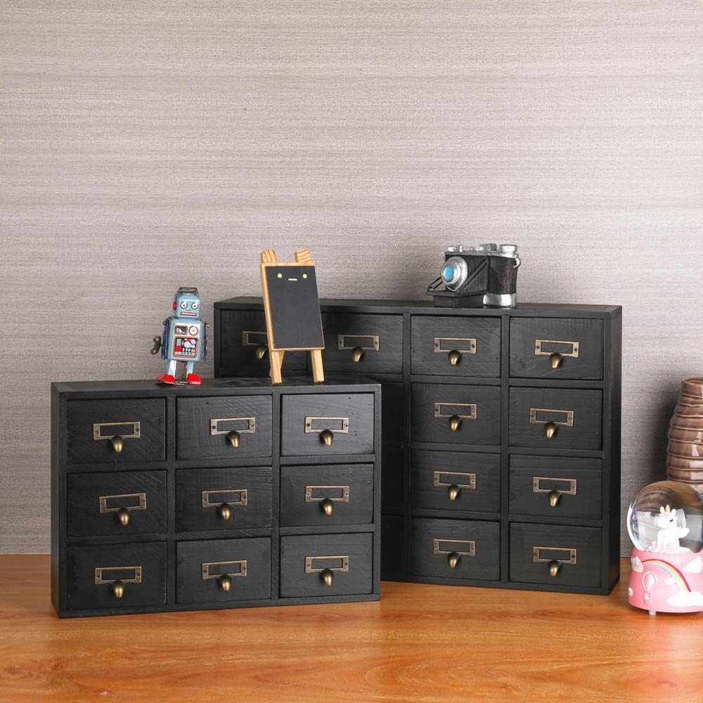 16 Drawers Apothecary Cabinet with Drawers Tabletop Apothecary Chests and Cabinets Library Card Catalog Cabinet Herb Storage Box Wooden Desk Drawer Organizer Medicine Vintage Furniture(BLACK)