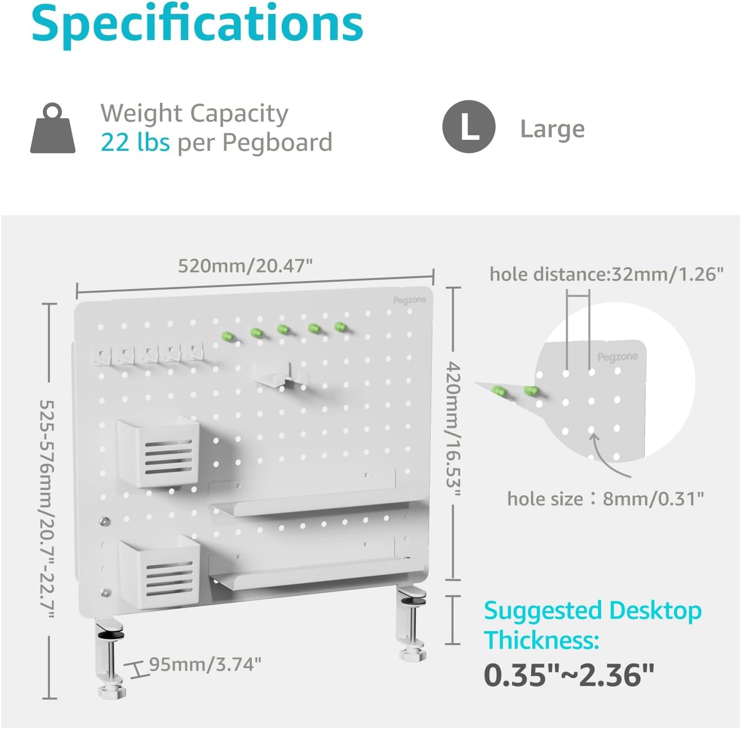 Clamp-on Desk Pegboard, Desk Organizer for Office Gaming Home, Magnetic Metal Peg Board with 15 Accessories, Privacy Panel for Office, 20.4" x 16.5", Large, White