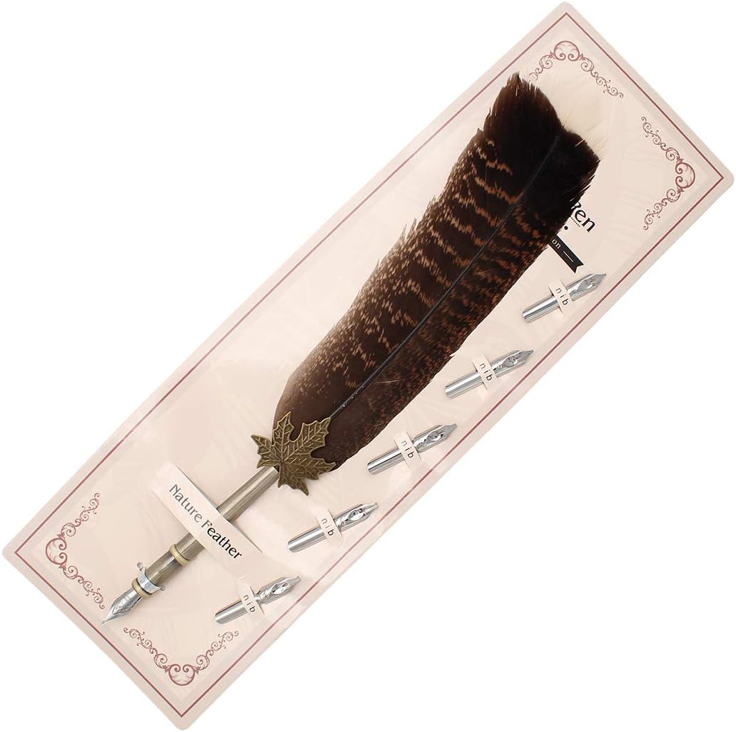Gullor Quill Handcraft Feather Dip Pen Stem Metal Nib Pen Writing Quill with 5 Extra Nibs, Style F