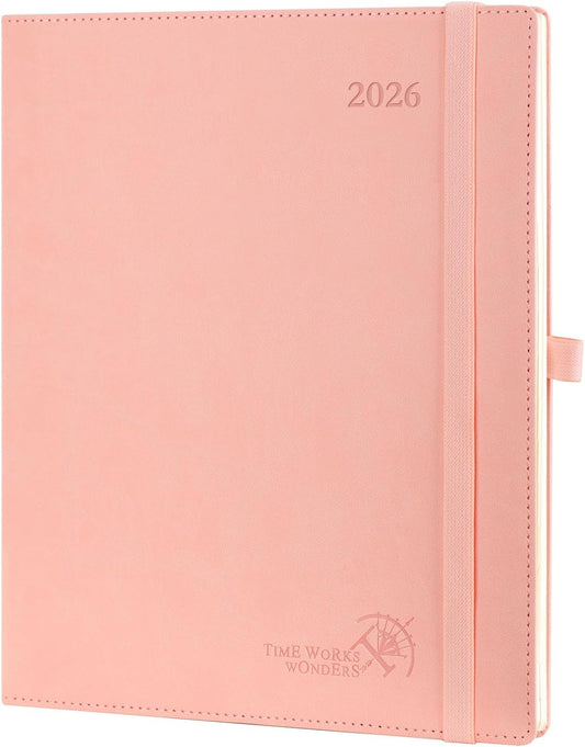 POPRUN 2026 Planner (Large - 8.5'' x 10.5'') - 2026 Weekly Calendar (Jan. 2026 - Dec. 2026) with Hourly Time Slots, Weekly/Monthly Appointment Book for Time Management - Leather Soft Cover - Pink