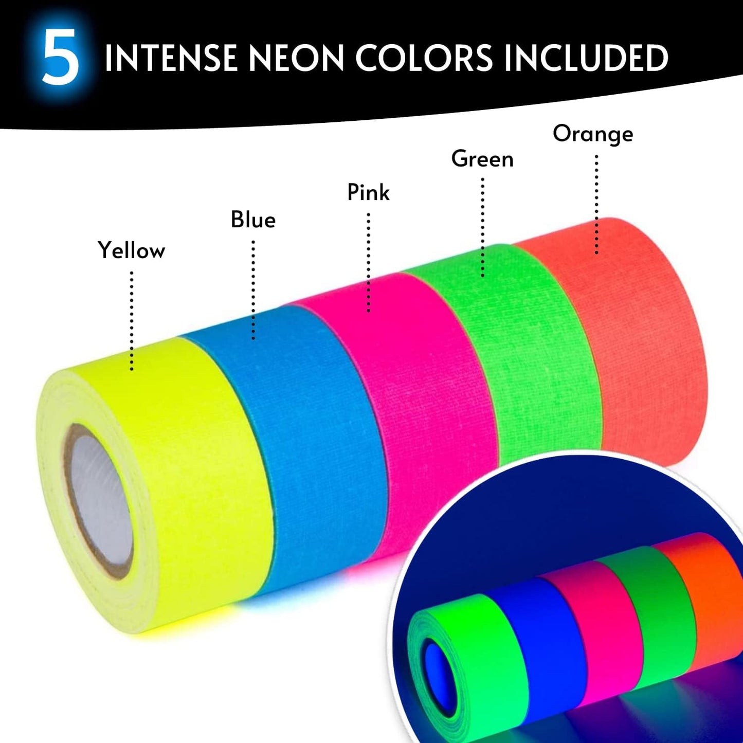 Glow King Blacklight Reactive Glow Tape | Premium UV Fluorescent Neon Party Gift for Events | Multipurpose Luminous Colored Tape for Room Decoration | Glow in The Dark Cloth Tape – 1 in x 18 ft