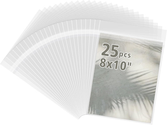 Frametory, 25 Pack 8 1/4" x 10 1/8" Acid-Free Clear Plastic Bags, Self Seal Crystal Photo Sleeves for 8X10 Framing Mat Mattes, Prints, Artwork