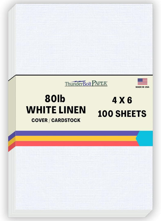 100 White Linen 80# Cover Paper Sheets - 4" X 6" (4X6 Inches) Photo|Card|Frame Size - 80 lb/pound Card Weight - Fine Linen Textured Finish - 96 Bright Cardstock