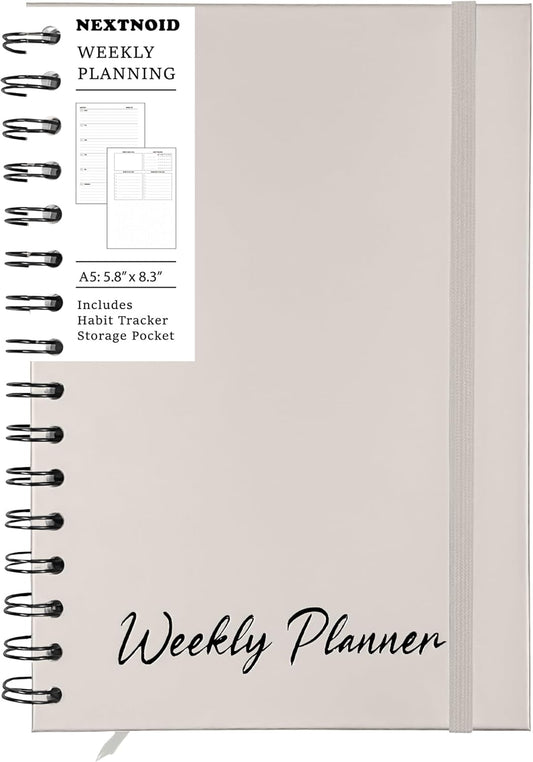 Undated Weekly Planner Notebook, A5 Hardcover Weekly to do List Notebook for Work with Goal & Habit Tracker - Spiral Beige