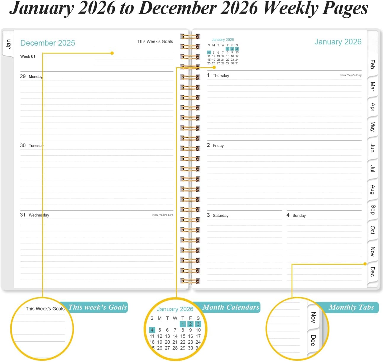 2026 Planner - Planner 2026 from January 2026 - December 2026, Weekly & Monthly Planner Spiral Bound with 12 Monthly Tabs, Inner Pocket, 6.4" x 8.5", Flower-F