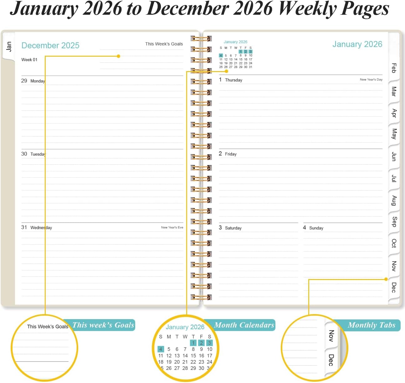 2026 Planner - Weekly and Monthly Calendar Planner from Jan 2026 - Dec 2026, Planner 2026 Spiral Bound with 12 Monthly Tabs, Inner Pocket, Perfect for School Office Supplies, 6.4" x 8.5", Beige