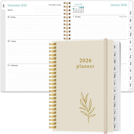 2026 Planner - Academic Planner 2026 from January 2026 - December 2026, Weekly & Monthly Planners Spiral Bound with 12 Monthly Tabs, Inner Pocket, 6.4" x 8.5", Beige