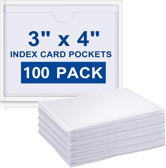 Outus 100 Pcs Clear Self Adhesive Pockets - Bin Labels for Storage Bins, Pocket Label Sleeves, Plastic Index Card Holder with Top Open for Organizing Bins Box Drawer(3.5 x 4.4 Inch)