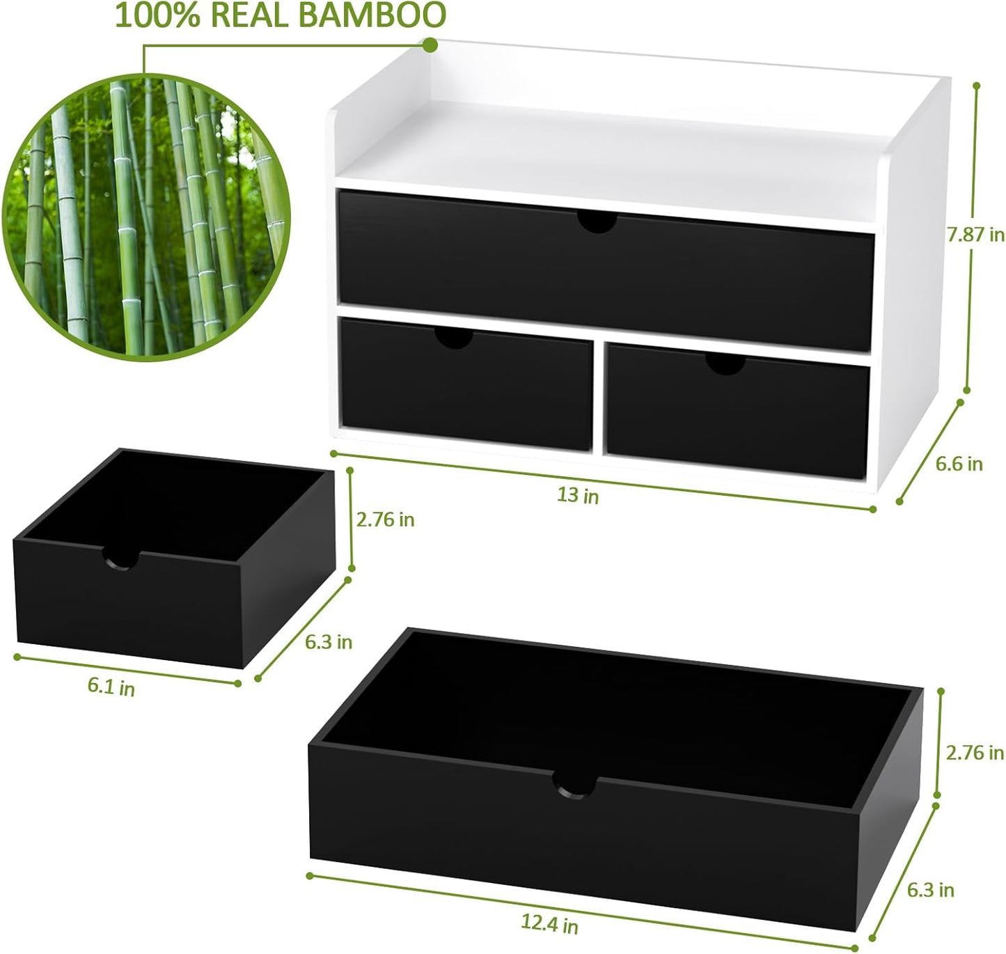 Wisuce Desk Organizer with Drawers - White-Black Bamboo Desktop Organizer Storage | Wood Desk Drawers Organizer for Bills, Office Supplies, Cosmetics, Seals No Assembled
