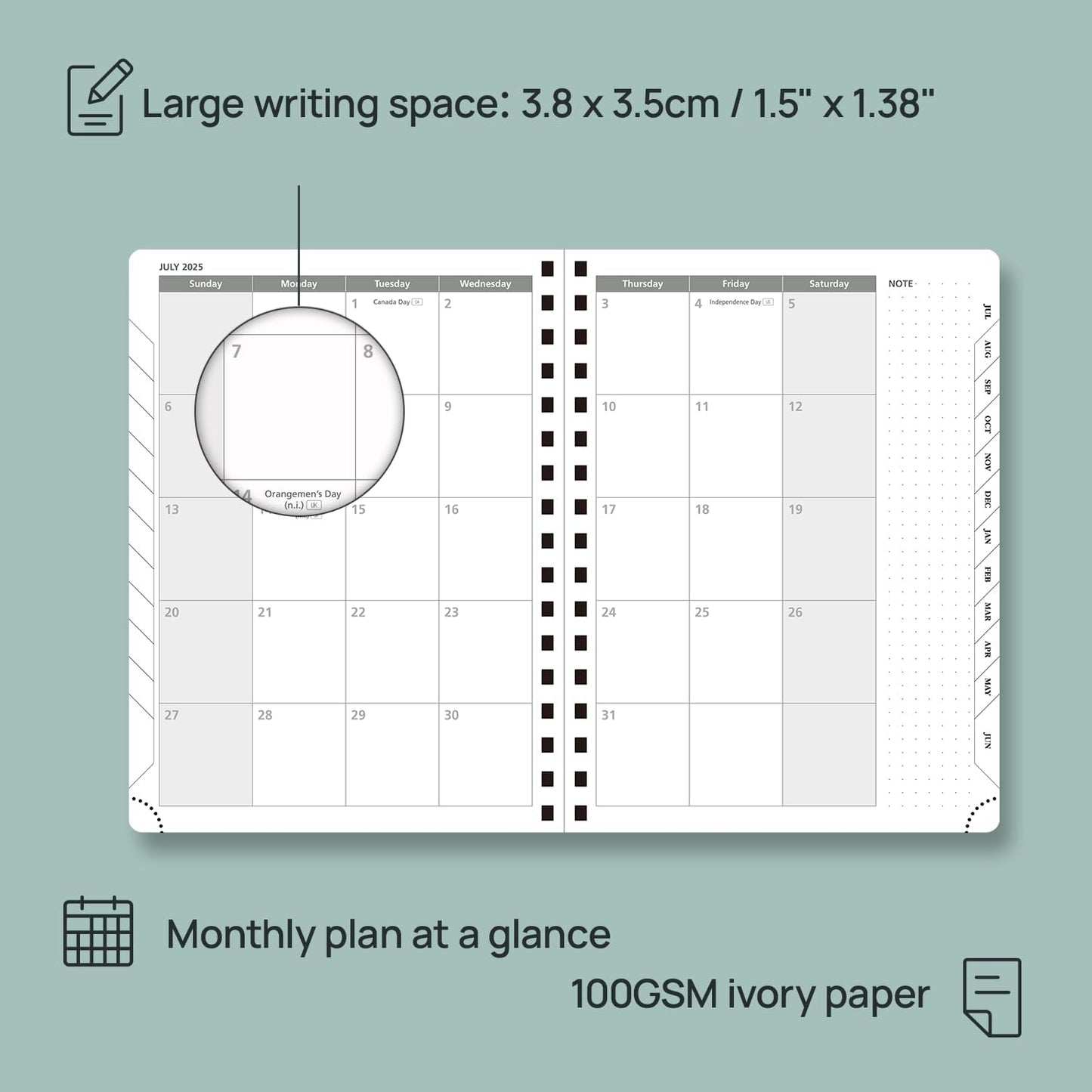 POPRUN Planner 2025-2026 Weekly Notebook (Medium 8.5''x 6.5''), Academic Calendar (JUL.25 - JUN.26) Appointment Book with Monthly Tabs, Spiral Soft Cover, Inner Pocket, 100 GSM - Black