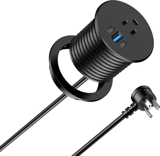 2.5 inch Power Grommet,20W USB-C Charging,1 Outlet with 2 USB C,1 USB Port,Furniture Flush Mount for Desktop,Recessed Power Strip,Workspace Essential Desk Outlet (Black, 10 FT)