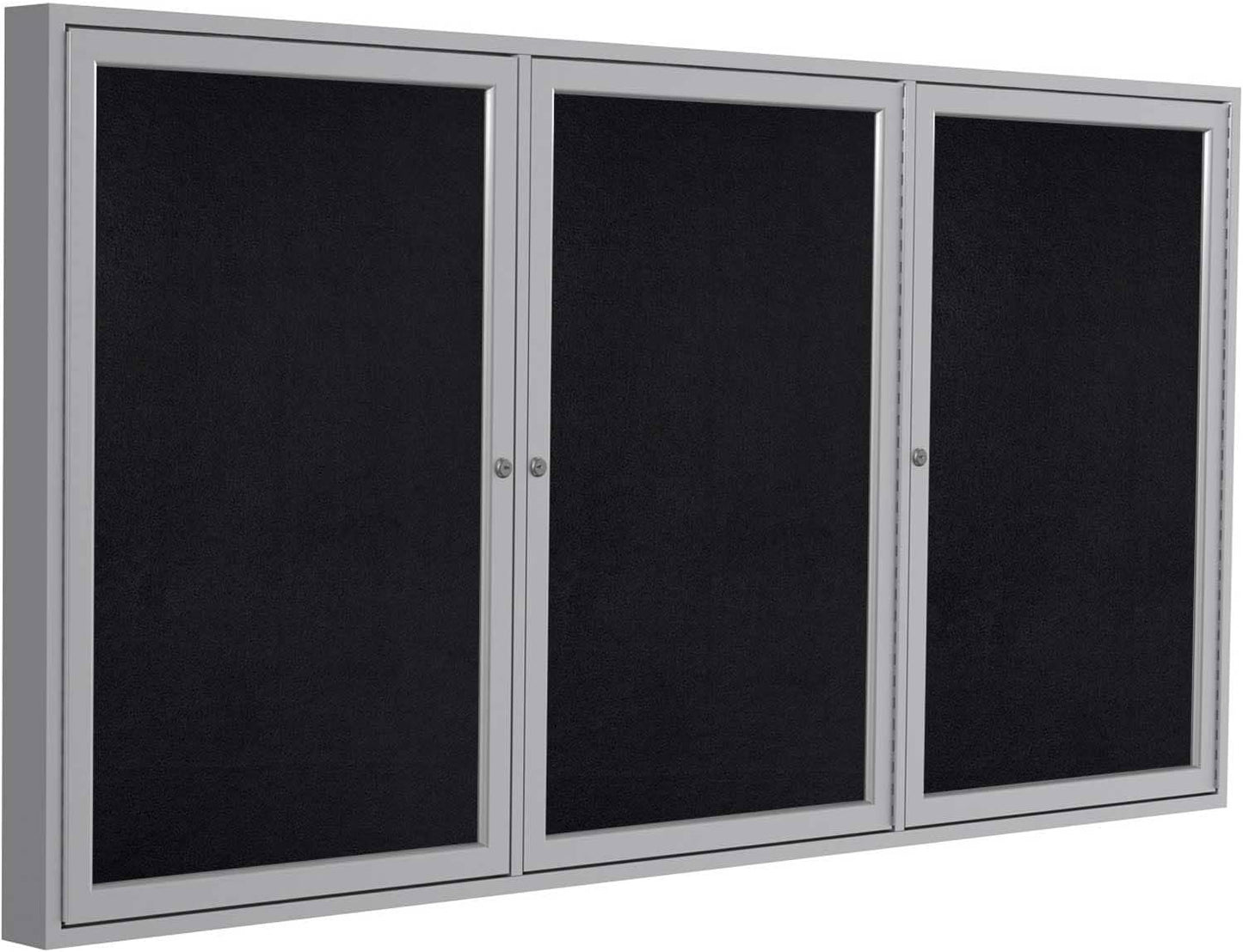 Ghent 36"x72" 3-Door indoor Enclosed Recycled Rubber Bulletin Board, Shatter Resistant, with Lock, Satin Aluminum Frame,Black (PA33672TR-BK) ,Made in the USA