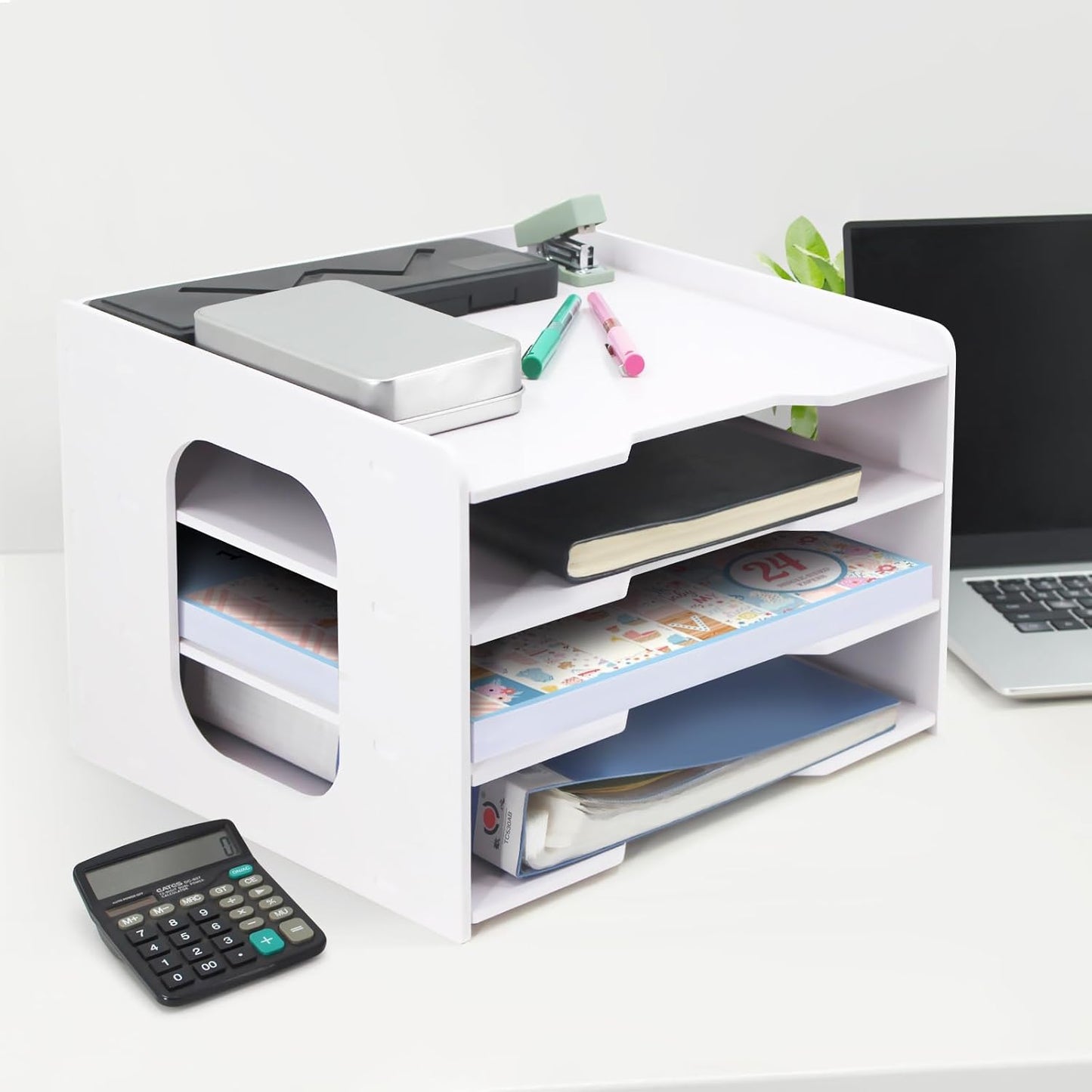 SONGWAY Scrapbook Paper Organizer 12x12-4 Tier File Organizer for Desk, 12x12 Stackable Scrapbook Paper Storage Trays, Desktop File Storage Cube for Home Office School