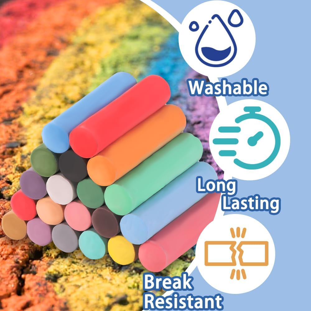 20 PCS Sidewalk Chalks Set Washable Colored Jumbo Chalk Bulk 20 Colors for Students Teens School Supplies Driveway and Playground Outdoor Games Activities