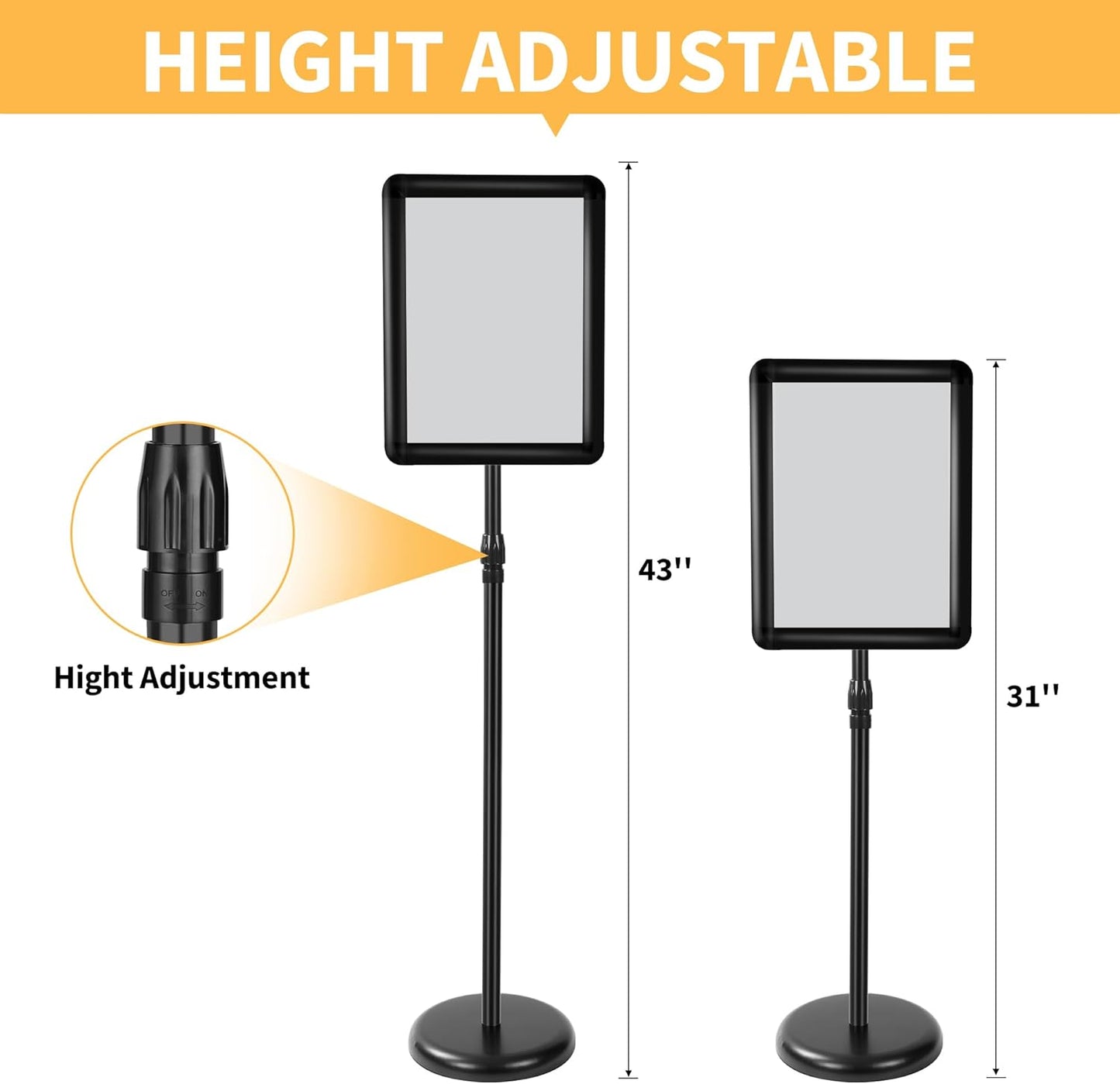 2 Pack Sign Holder Stand 8.5 x 11, With 3-Prong-Base & Round Base, Poster Stand Aluminum Snap Open Frame for A4 Size Outdoor Indoor Sign Stand, Height Adjustable-Black
