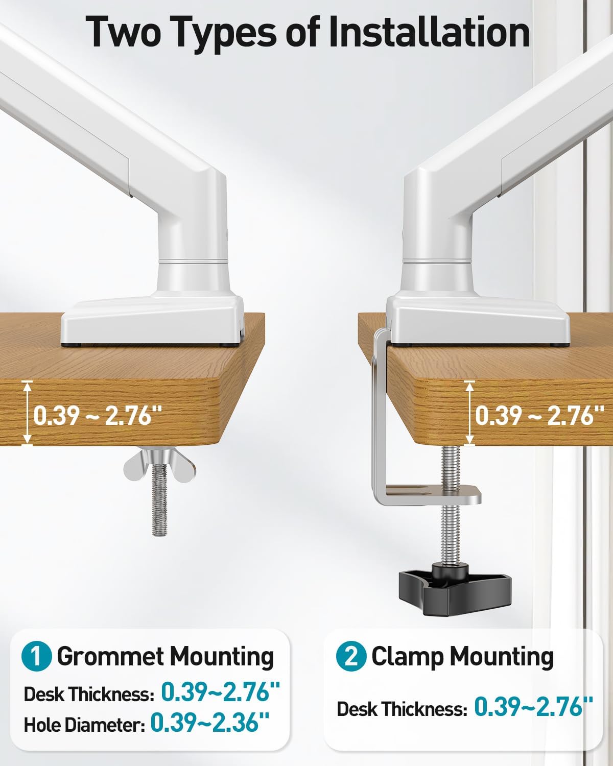 Single Monitor Arm Desk Mount Fits 13 to 32 inch Computer Screens, Holds 4.4 to 22lbs Display VESA Mount, Adjustable Monitor Stand with Clamp/Grommet Mounting Base, 75/100mm Bracket, White, Freelift