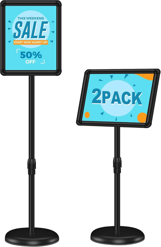 2 Pack Sign Holder Stand 8.5x11 inch for Display, Height Adjustable Floor Standing Signage Stand with 360° Rotated Snap Open Frame for Malls, Schools, Advertising, Outdoor Poster Stand