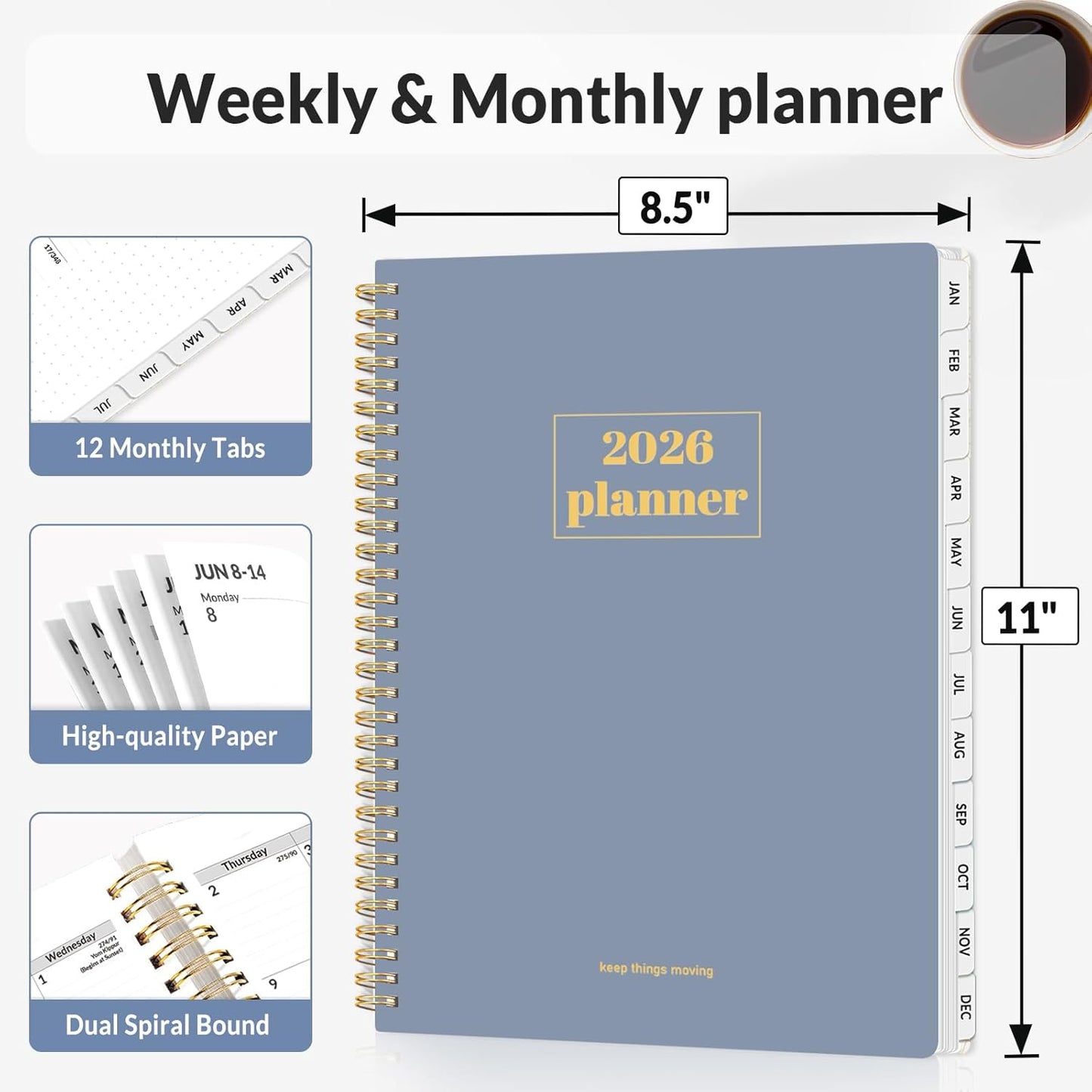 SUNEE Planner 2026 Weekly and Monthly, January 2026-December 2026, 8.5"x11", Tabs, Note Pages,Spiral Binding, Blue