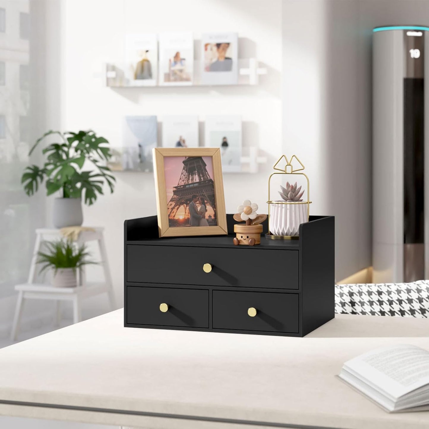 Bamboo Desk Organizer with Drawers Wooden Desktop Storage Organization Box for Bills Office Supplies Kitchen Utensils Organizing Tool for Home Classroom Vanity, No Assembly Required (3 Drawers, Black)