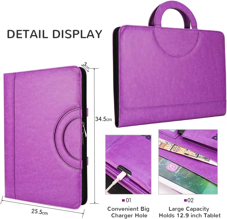 Darolin Zippered Leather Padfolio Portfolio with Hidden Handle and Clipboard, Business Conference Organizer Notepad Folder, Portfolio Bag, Padfolio for Women/Men (Purple)