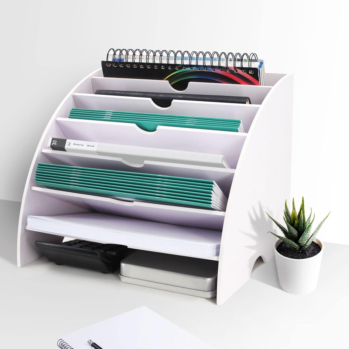 SONGWAY Fan Shaped Desk File Organizer - 6 Compartments File Holder for Desktop, Magazine Rack, Mail Holder, File Sorter, Paper Organizer for Home Office Classroom, White