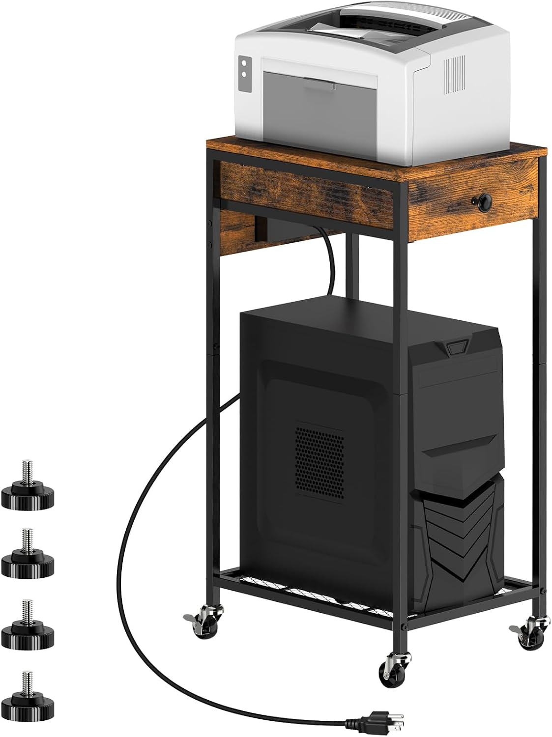 2 Tier Computer Tower Stand, Adjustable Printer Stand with Charge Station and USB Charging Port, PC Tower Stand CPU Holder Cart with Wheels for Home Office Fax, Brown