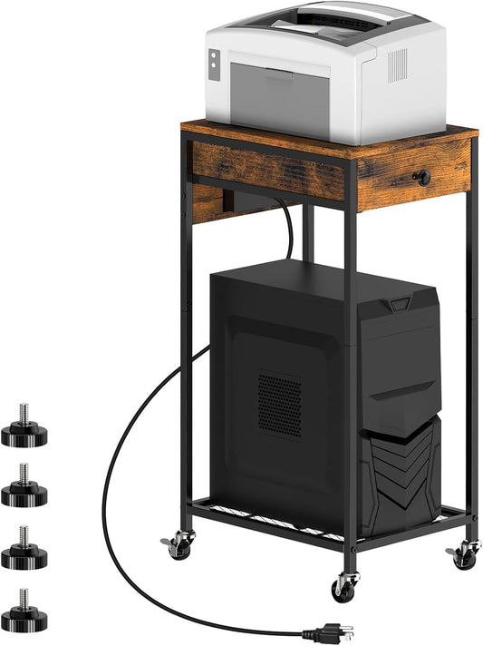 2 Tier Computer Tower Stand, Adjustable Printer Stand with Charge Station and USB Charging Port, PC Tower Stand CPU Holder Cart with Wheels for Home Office Fax, Brown