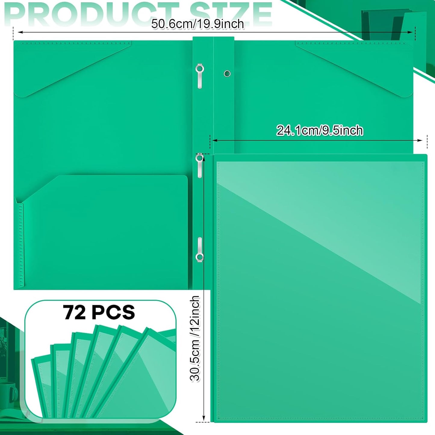 Henoyso 72 Pcs Plastic Folder with Clear Front Pocket and 3 Prong Plastic Folders with Card Slot Pocket Folders with Prongs for School Office (Green)