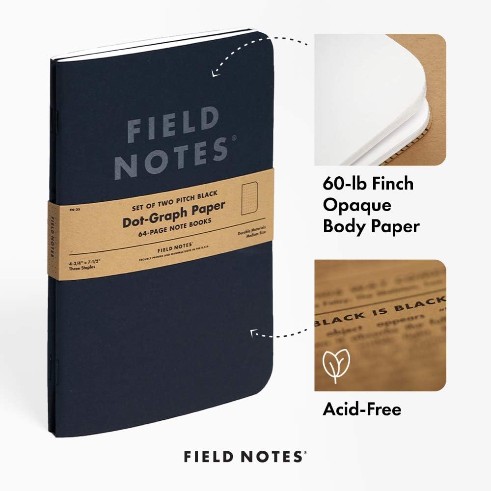 Field Notes 2-Pack Pitch Black Notebooks (4.75" X 7.5"), Dot-graph, 64 Pages | Thin Pocket Sized EDC Notebook With 90 GSM Paper & Paperback Cover | Work Notebooks For Note Taking | Made in the USA