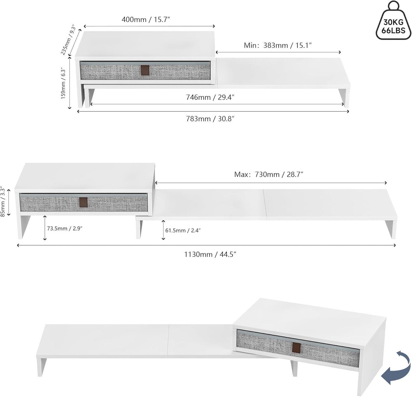 Fenge Computer Monitor Riser Stand with Drawer for 2 or 3 Monitors ,Adjustable Length and Angle Desktop Laptop Stand,Office Organizer,Printer,White
