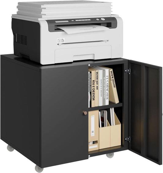 Printer Stand with Storage, 3D Heavy Duty Printer Table with Shelves, Large Printer Table for Home Office, Black Printer Stand on Wheels with Doors, Metal Fax Machine Stand for Workplace