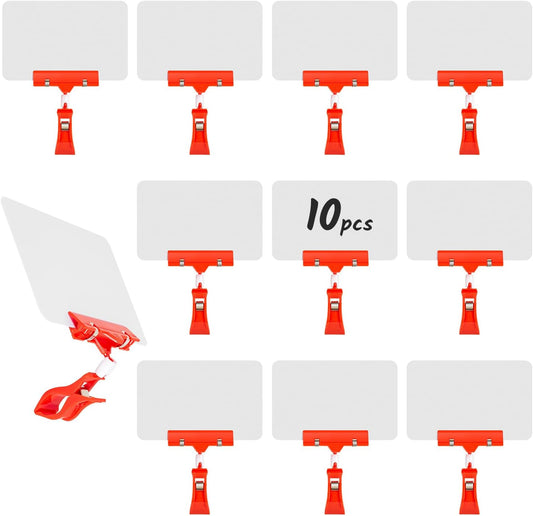 10 Pack Double Head Display Clips Rotating Reuse Sign Price Tag Merchandise Sign Display Clip Holder,Mini Plastic Chalkboard Sign with Clip for Business, Party, Office, Exhibition (Red)