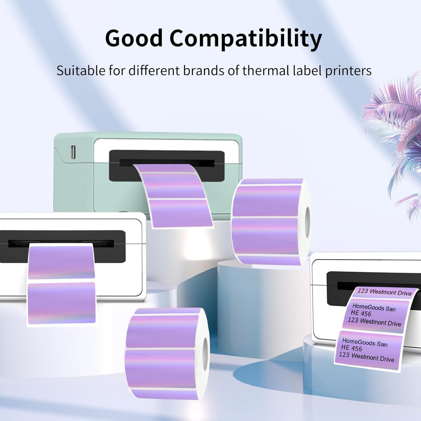 2.25"x1.25" Direct Thermal Labels, Holographic Thermal Printer Labels for Barcode, Self-Adhesive Address Shipping Thermal Label Stickers-1 Roll, 300 Labels, Holographic Purple