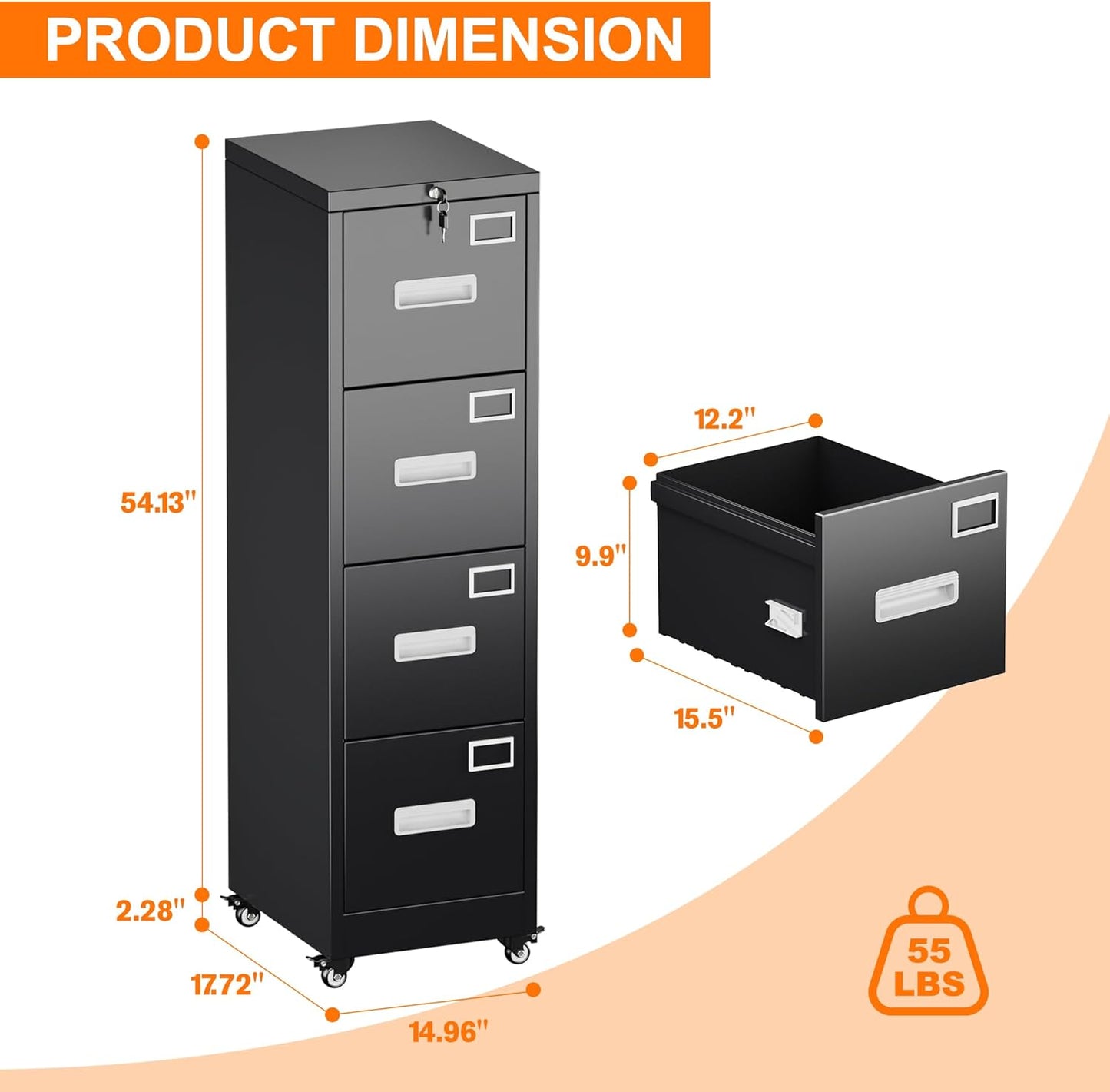 Aobabo 56" H 4 Drawer Moblie File Cabinet with Lock, Metal File Cabinet for Home Office with Wheels, Storage Legal/Letter A4 Size, Black, Assembly Required
