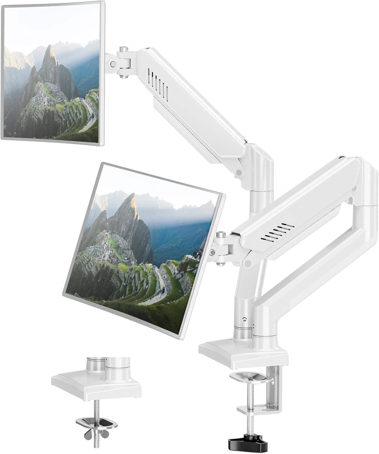 Dual Monitor Arm Desk Mount Fits 13 to 32 inch Computer Screens, Holds 4.4 to 22lbs Display VESA Mount, Adjustable Double Monitor Stand with Clamp/Grommet Base, 75/100mm Bracket, White, Freelift
