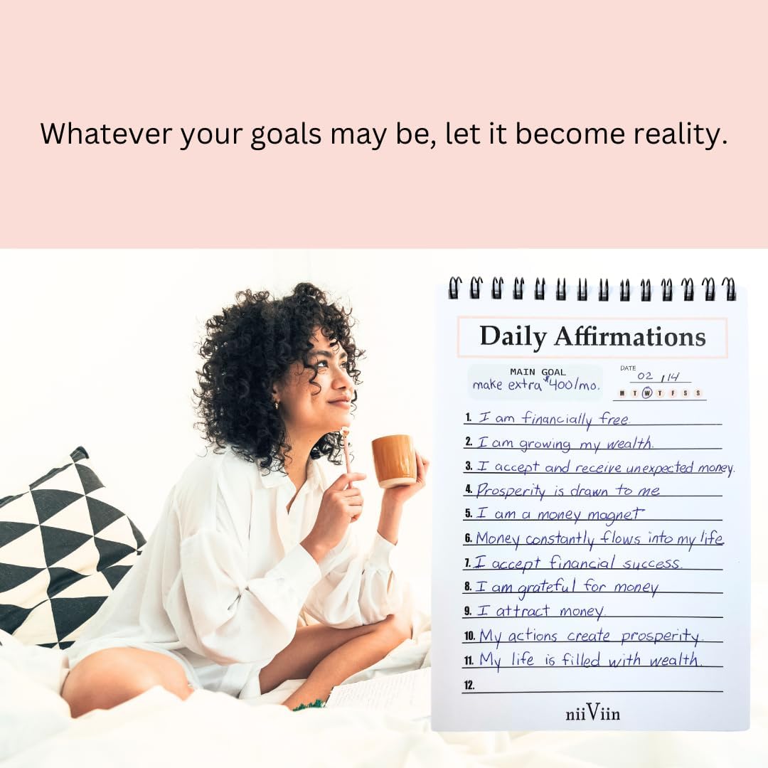 Daily Affirmations for Women - 50 Page Goals Journal, Write Your Own Positive Affirmations, Motivational Gifts for Women, 5"x7" Spiral Lined Pad, Pink, Black, White